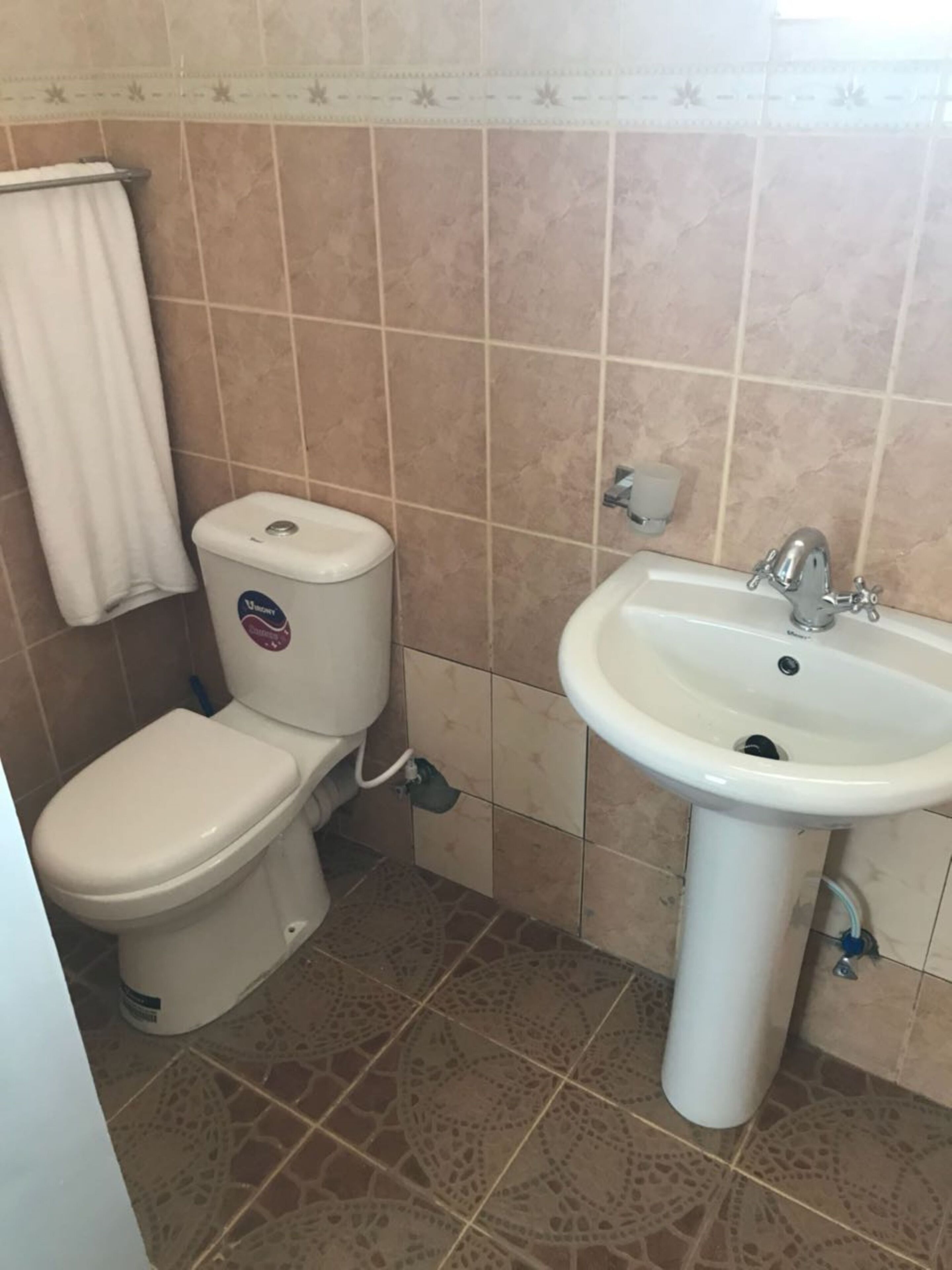 Une salle de bain avec des toilettes, un lavabo et des carreaux décorés.