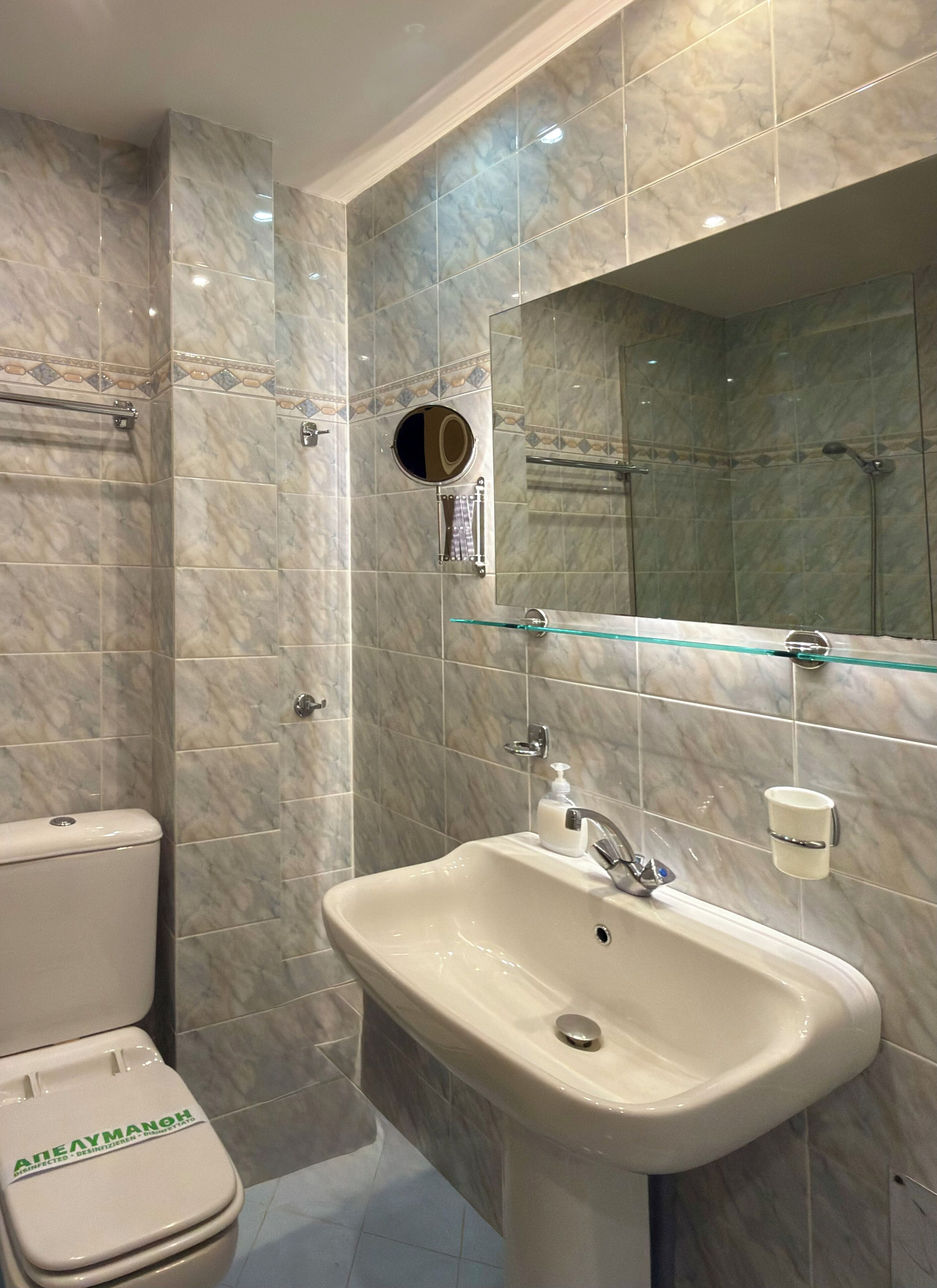 A bathroom with a toilet, sink, and shower.