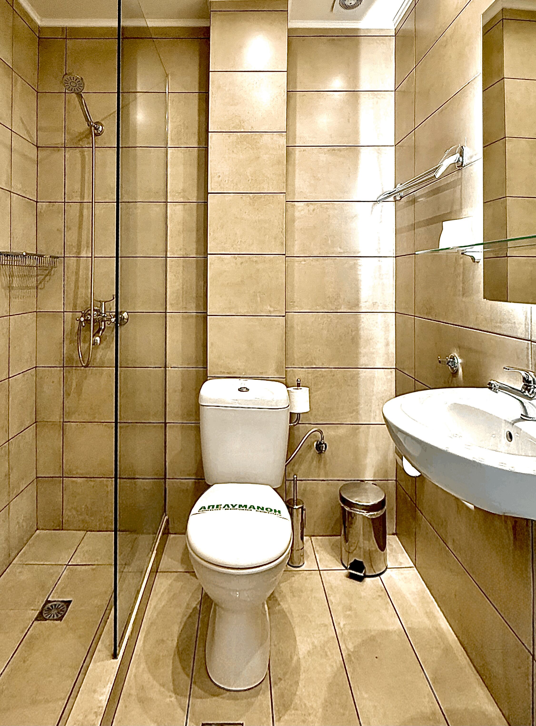 Une salle de bain équipée de toilettes, d’un lavabo et d’une douche.