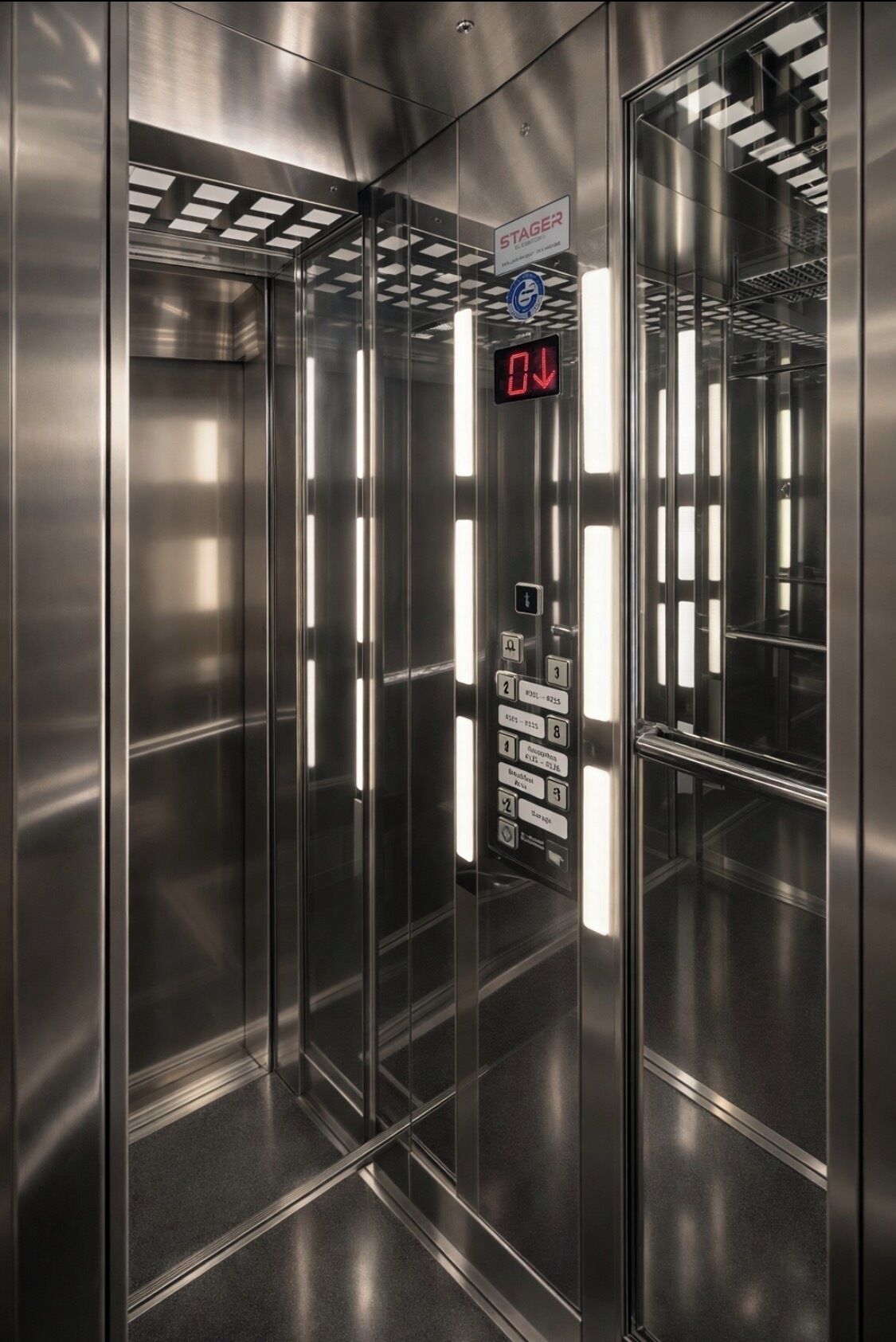 An elevator with stainless steel walls and a digital display showing '0'.