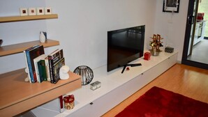 Un salon moderne avec un téléviseur à écran plat, des étagères en bois et un tapis rouge.