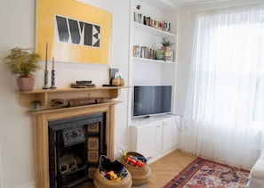 TV, fireplace, toys