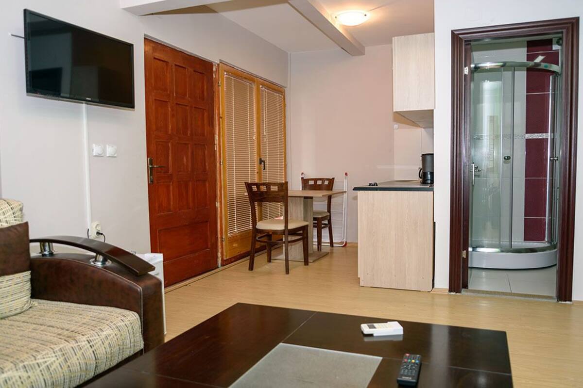 A living room with a sofa, a coffee table, a TV mounted on the wall, a dining area with chairs, and a kitchen with a glass door.