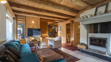 Télévision, cheminée, livres, espaces bureaux