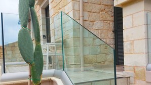 Ein Kaktus in einem Terrakotta-Topf auf einem Balkon mit einem Steingebäude im Hintergrund.