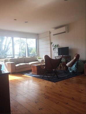 Flat-screen TV, fireplace, ping pong