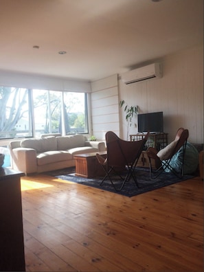Flat-screen TV, fireplace, ping pong