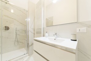 Shower, hair dryer, bidet, towels