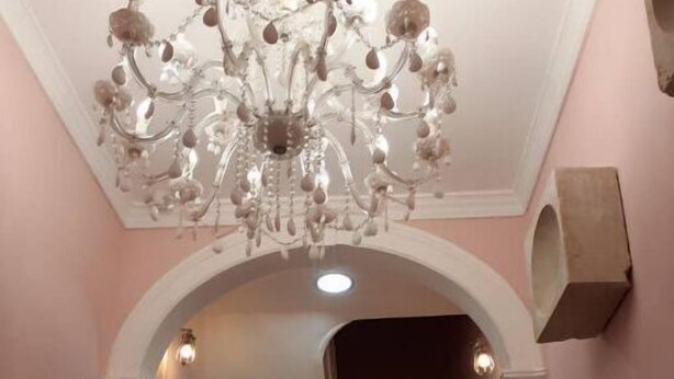 A staircase with a white door at the top, a chandelier above, and a potted plant at the bottom.