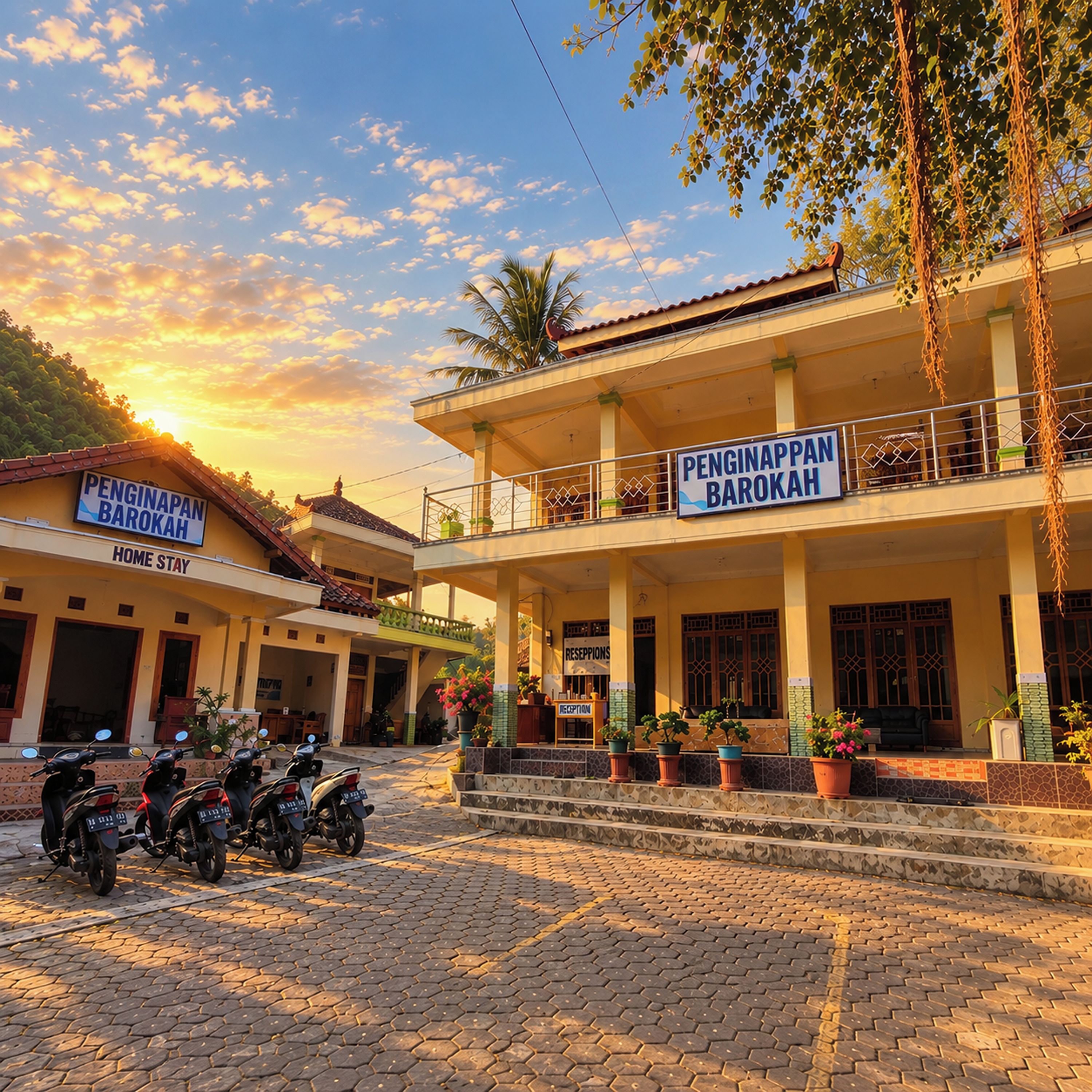 A two-story building with a sign reading 'PENGINAPAN BAROKAH' and 'HOME STAY'. There are motorcycles parked in front, and the building has a tiled entrance.