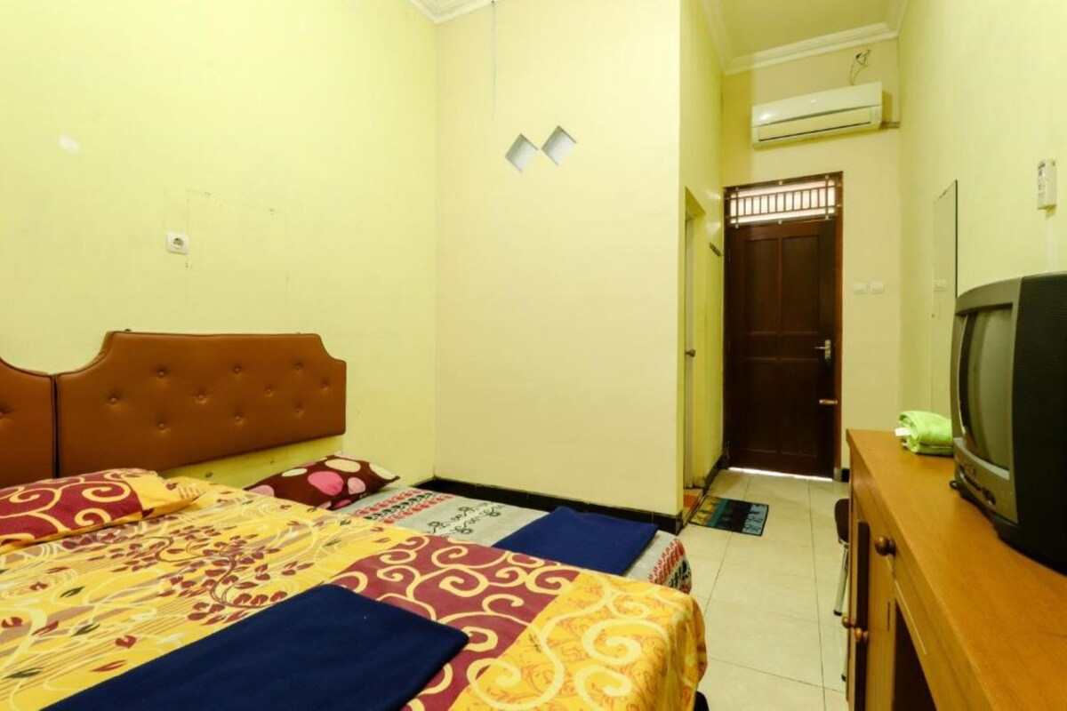 A room with a bed, a television, and a door.