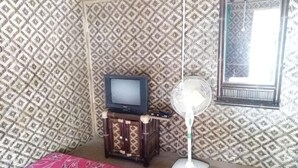 A room with patterned wallpaper, a television on a wooden cabinet, and a standing fan. - Penginapan Griya Watukelir (Tepus)