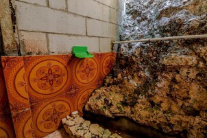 Un baño con baldosas estampadas, un cepillo de limpieza verde y una pared rocosa.