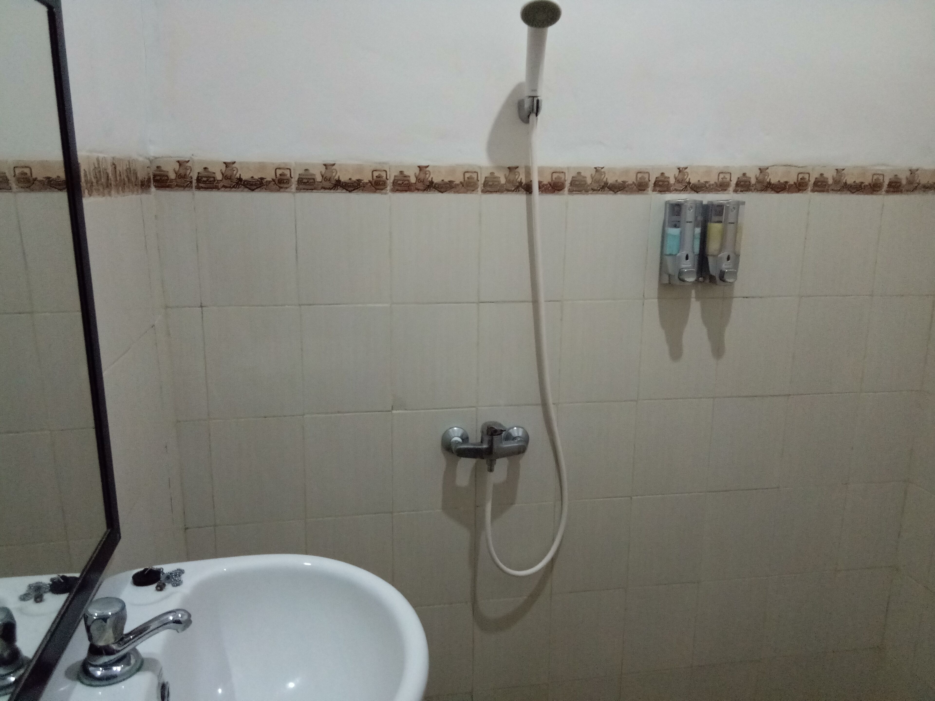 Un baño con un lavamanos blanco, un cabezal de ducha de mano y un perchero.