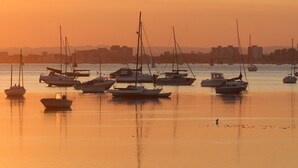 A marina with several boats docked at sunset. - Somerville Coach House 2 (Bournemouth)