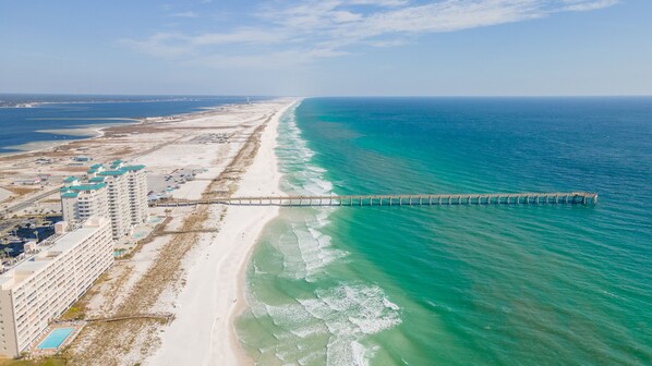 On the beach, sun loungers