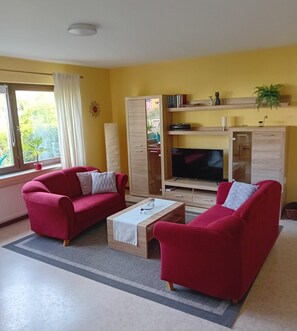 A living room with two red sofas, a coffee table, a TV, and a fireplace.