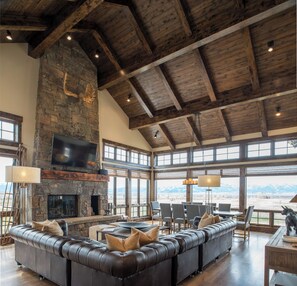 Smart TV, fireplace, books, offices