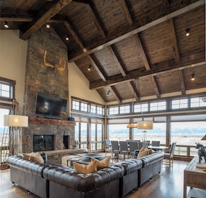 Smart TV, fireplace, books, offices