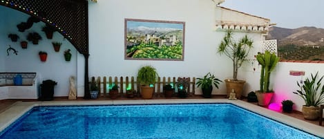 A swimming pool with a dolphin mosaic, surrounded by potted plants and a mural of a landscape.