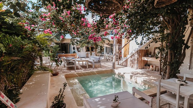 Zona junto a la piscina con piscina, mobiliario blanco y abundante vegetación.