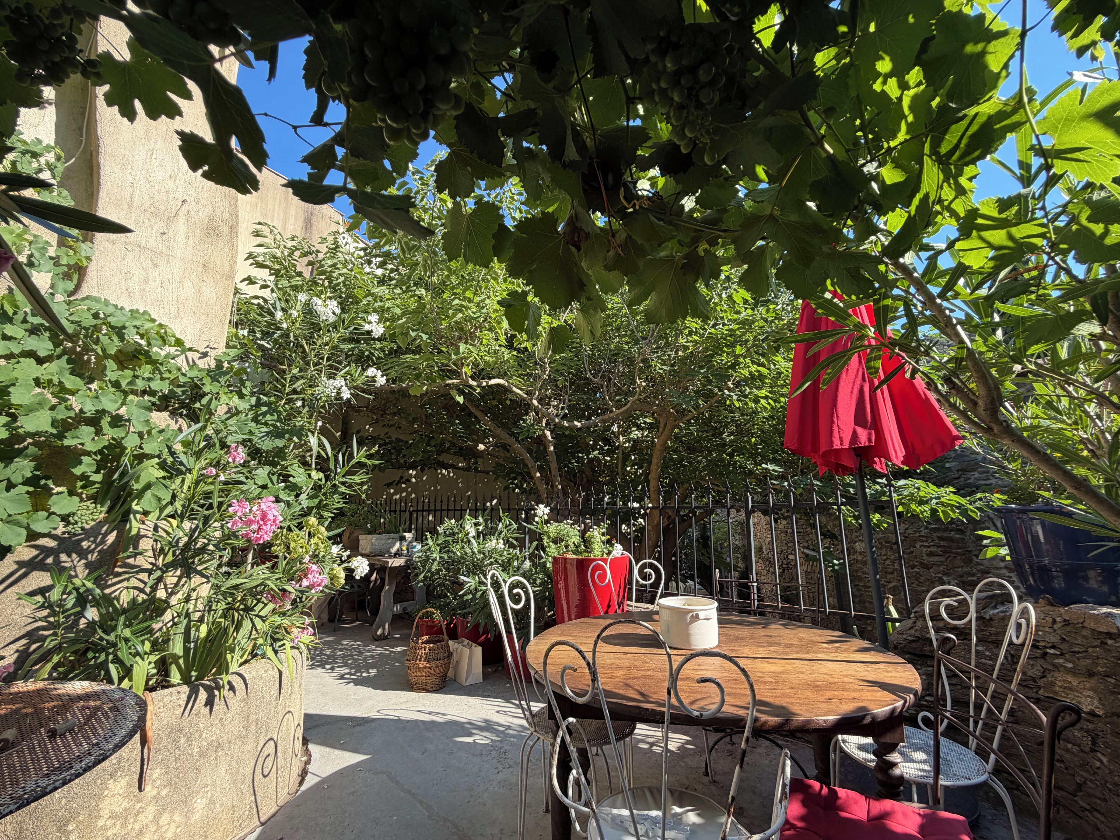 An outdoor patio with a round wooden table, metal chairs, a red umbrella, and various plants.