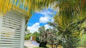 A pathway leading to a white building with horizontal slats, surrounded by lush greenery and a clear blue sky.