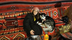 A person sitting on a patterned couch with a dog.
