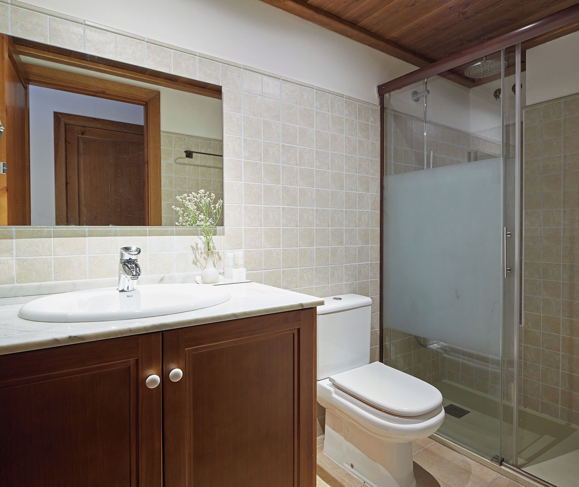 Une salle de bain avec un lavabo blanc, un miroir au-dessus, un meuble en bois, des toilettes et une cabine de douche en verre.
