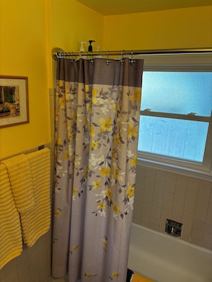 Ensemble douche/baignoire, sèche-cheveux, serviettes fournies, savon
