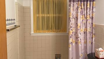 Tina con regadera, secadora de cabello, toallas, jabón