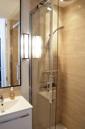 Shower, hair dryer, towels