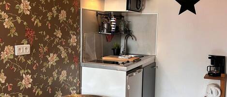 Fridge, microwave, stovetop, coffee/tea maker