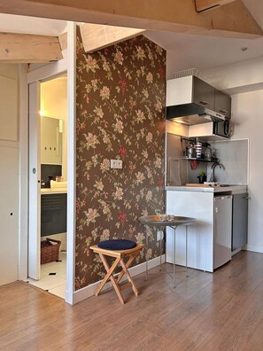 Jääkaappi, mikroaaltouuni, liesi, kahvin-/teenkeitin