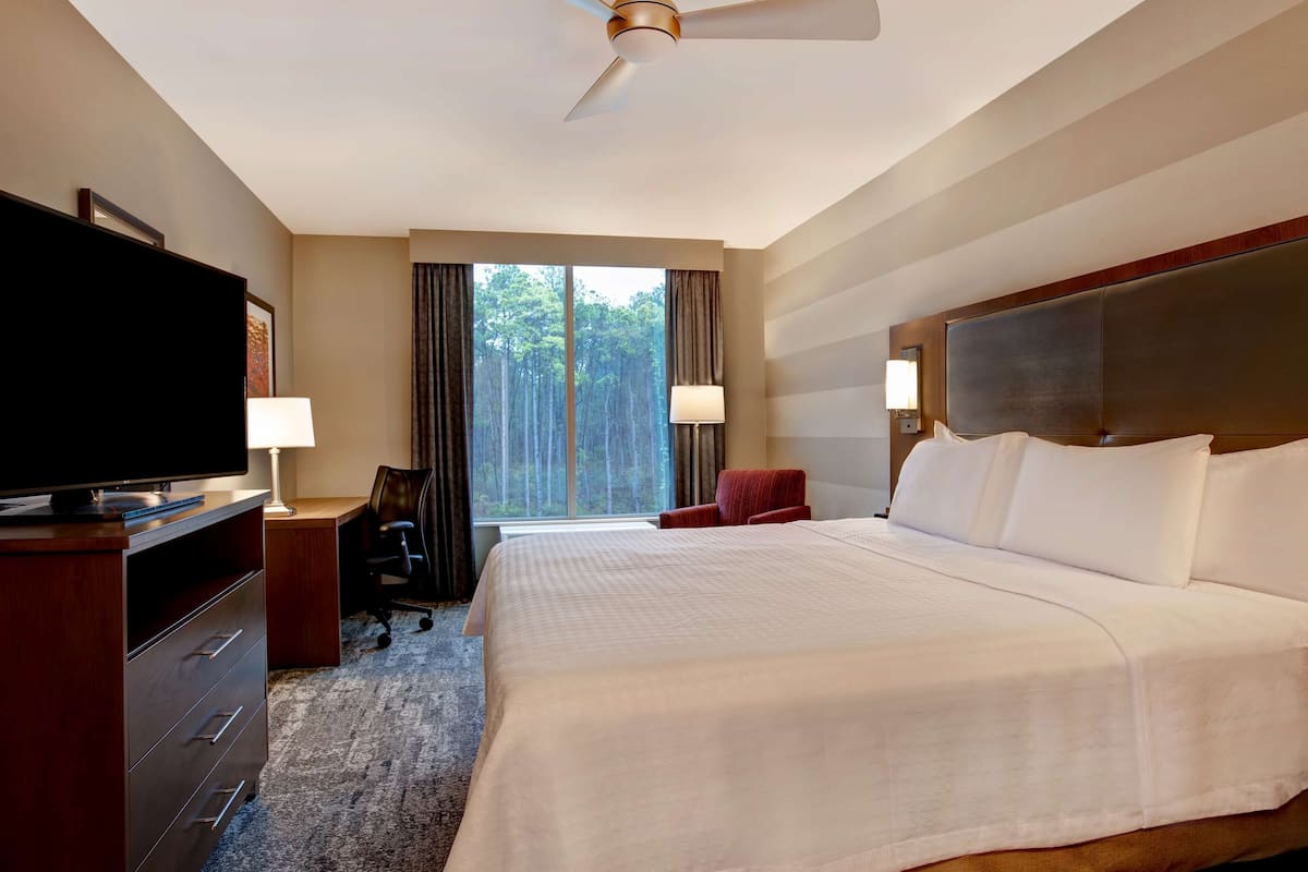 A hotel room with a large bed, a desk with a computer, a TV, two lamps, and a view of trees through the window.