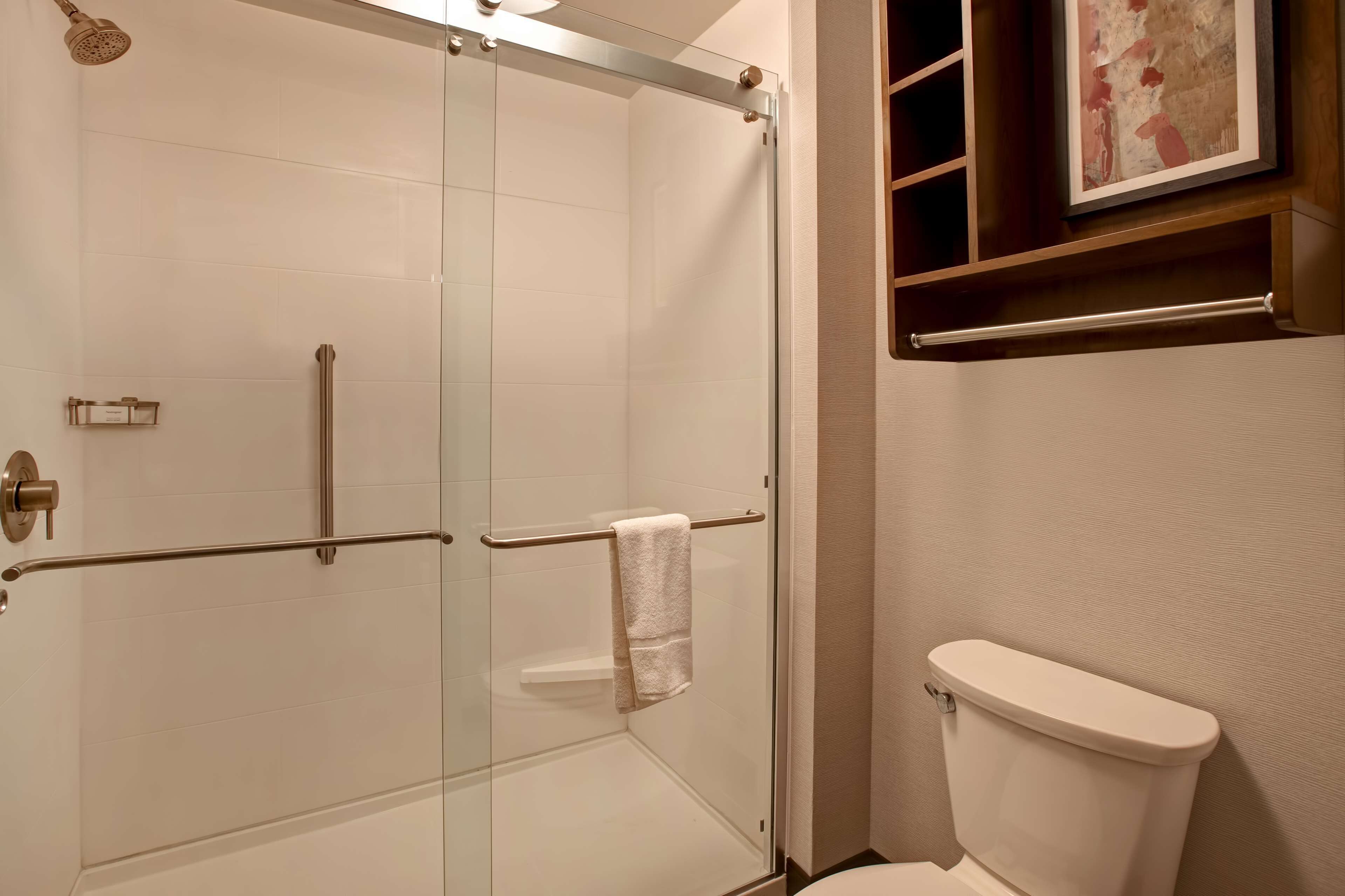 Een moderne badkamer met een douche met glazen wand, een toilet en een handdoekhouder.