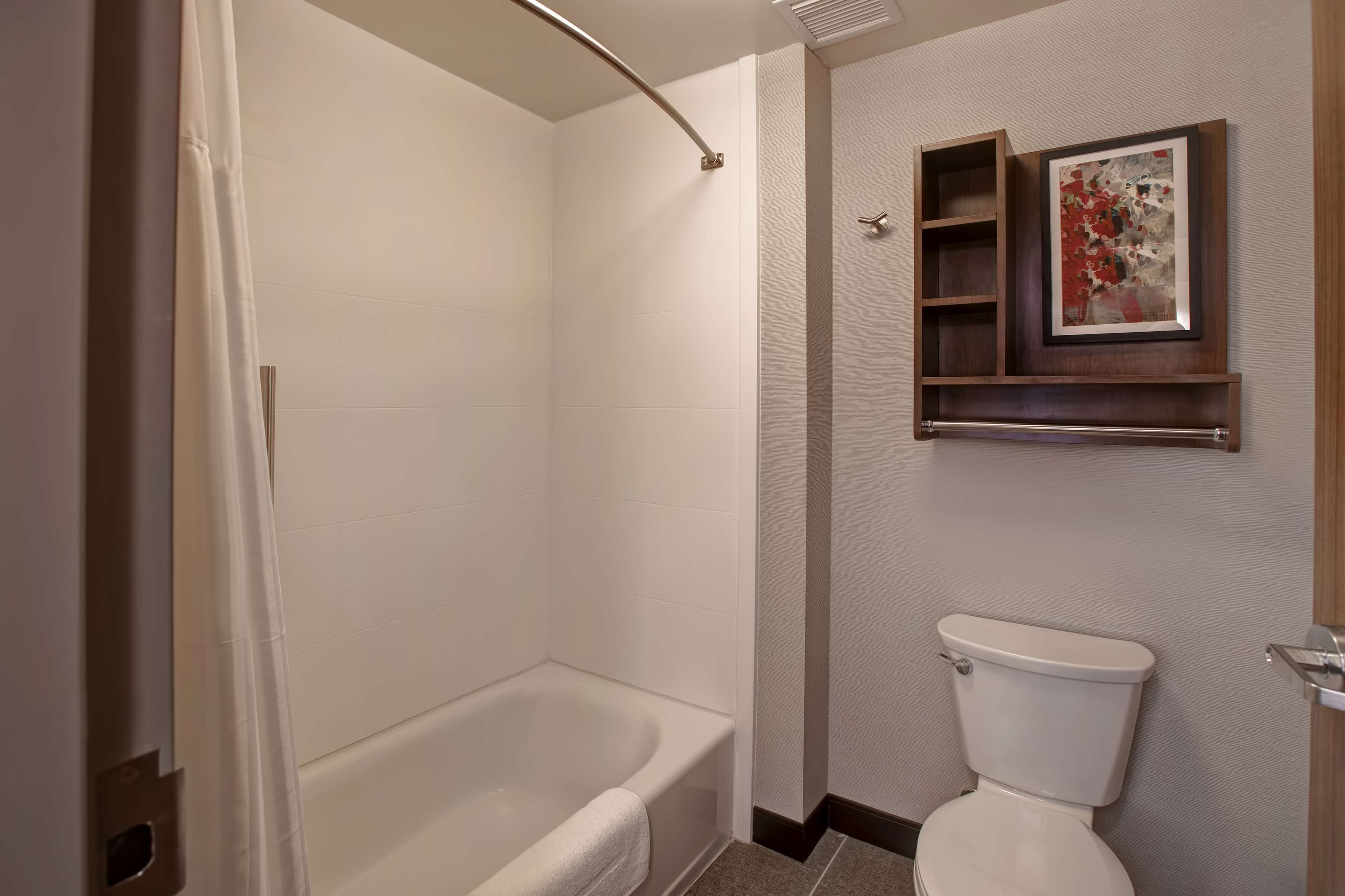 Une salle de bain avec une baignoire, des toilettes et une étagère sur laquelle est posée une photo encadrée.