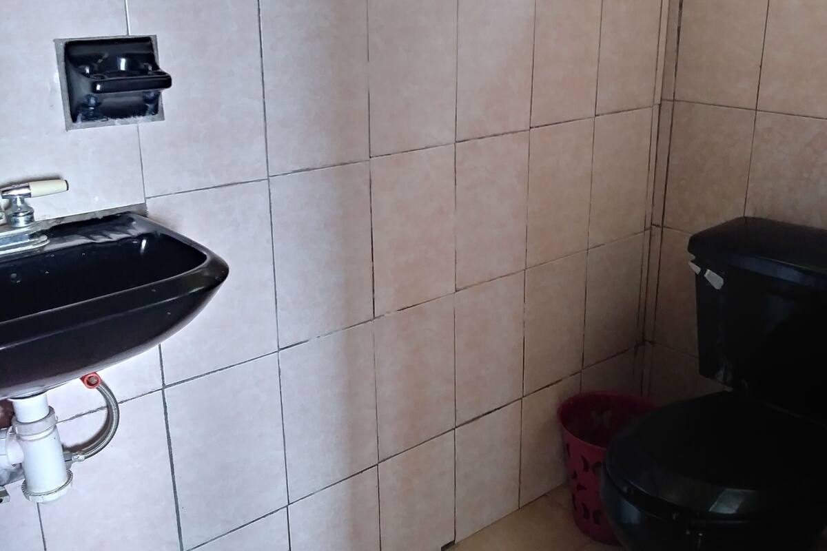 A bathroom with a sink, toilet, and a towel rack.
