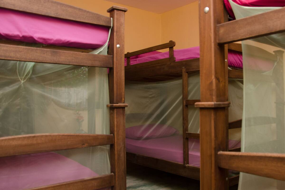 Habitación con literas de madera y ropa de cama rosa.