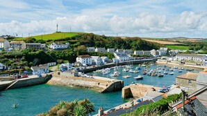 A coastal town with a marina filled with boats, houses along the waterfront, and a hilly landscape in the background. - Pipedream (Porthleven)