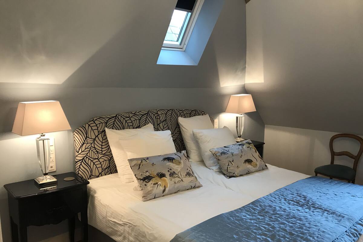 A bedroom with a bed, two nightstands, a lamp on each, a patterned headboard, and a skylight.