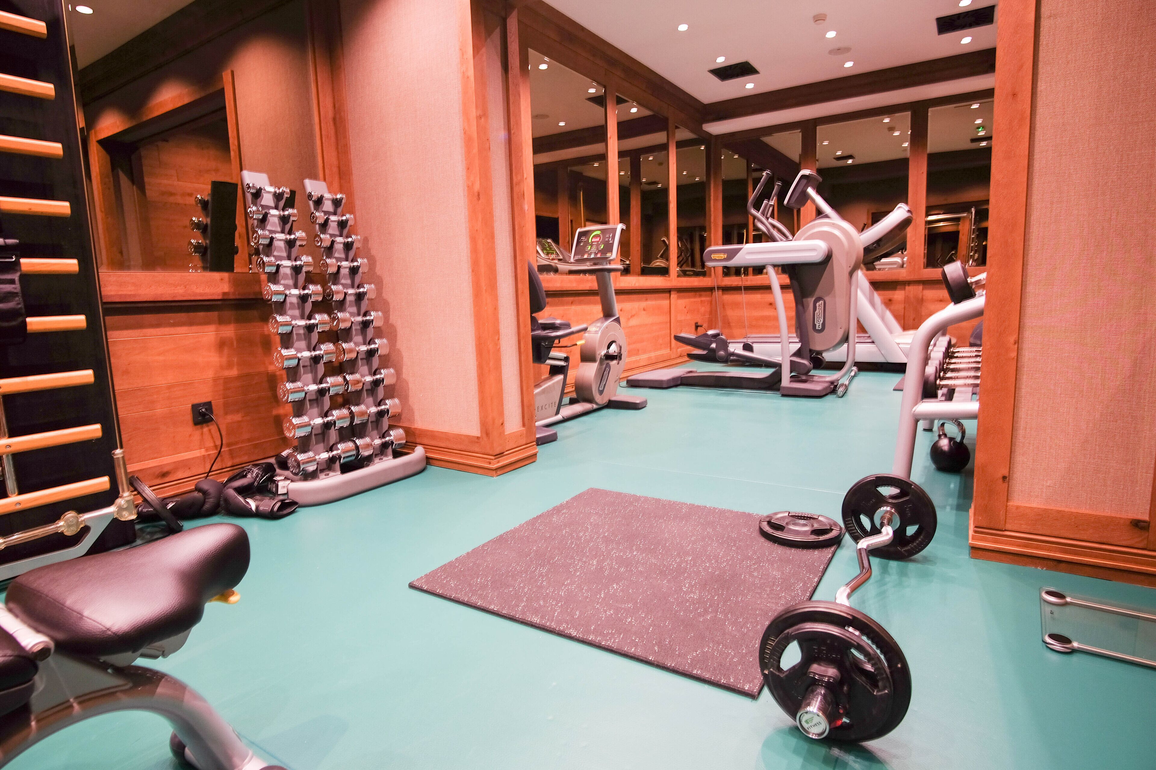 A gym with various exercise equipment, including treadmills, weight machines, and free weights.