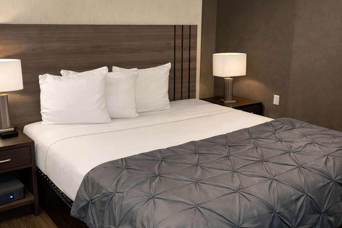 Una habitación de hotel con una cama grande, dos mesitas de noche y un cabecero con líneas verticales.