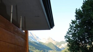 A balcony with wooden railings, a wooden planter box with plants, and a view of mountains and greenery. - La Marmifera B&B (Carrara)