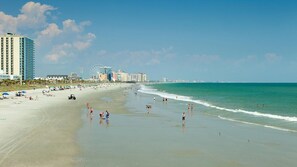 On the beach, sun-loungers, beach towels