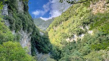 Un paysage montagneux caractérisé par une végétation luxuriante et de hautes falaises rocheuses.