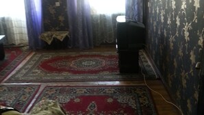 Una stanza con un'ampia finestra, una televisione, un tappeto decorato e una sedia.