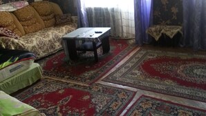 Un soggiorno con un divano, un tavolino da caffè e un tappeto decorato.