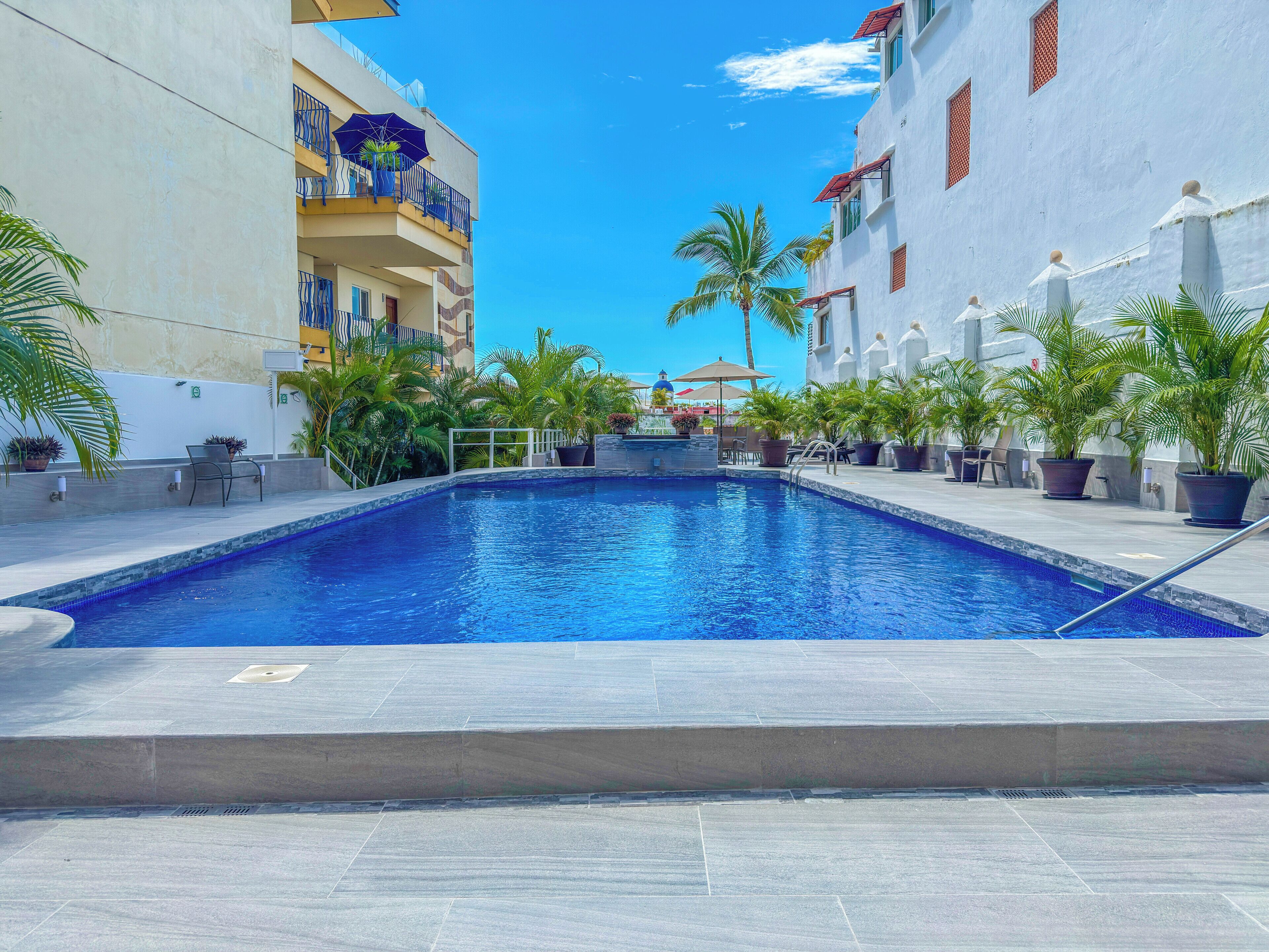 A swimming pool with a tiled deck, surrounded by potted plants and outdoor furniture.
