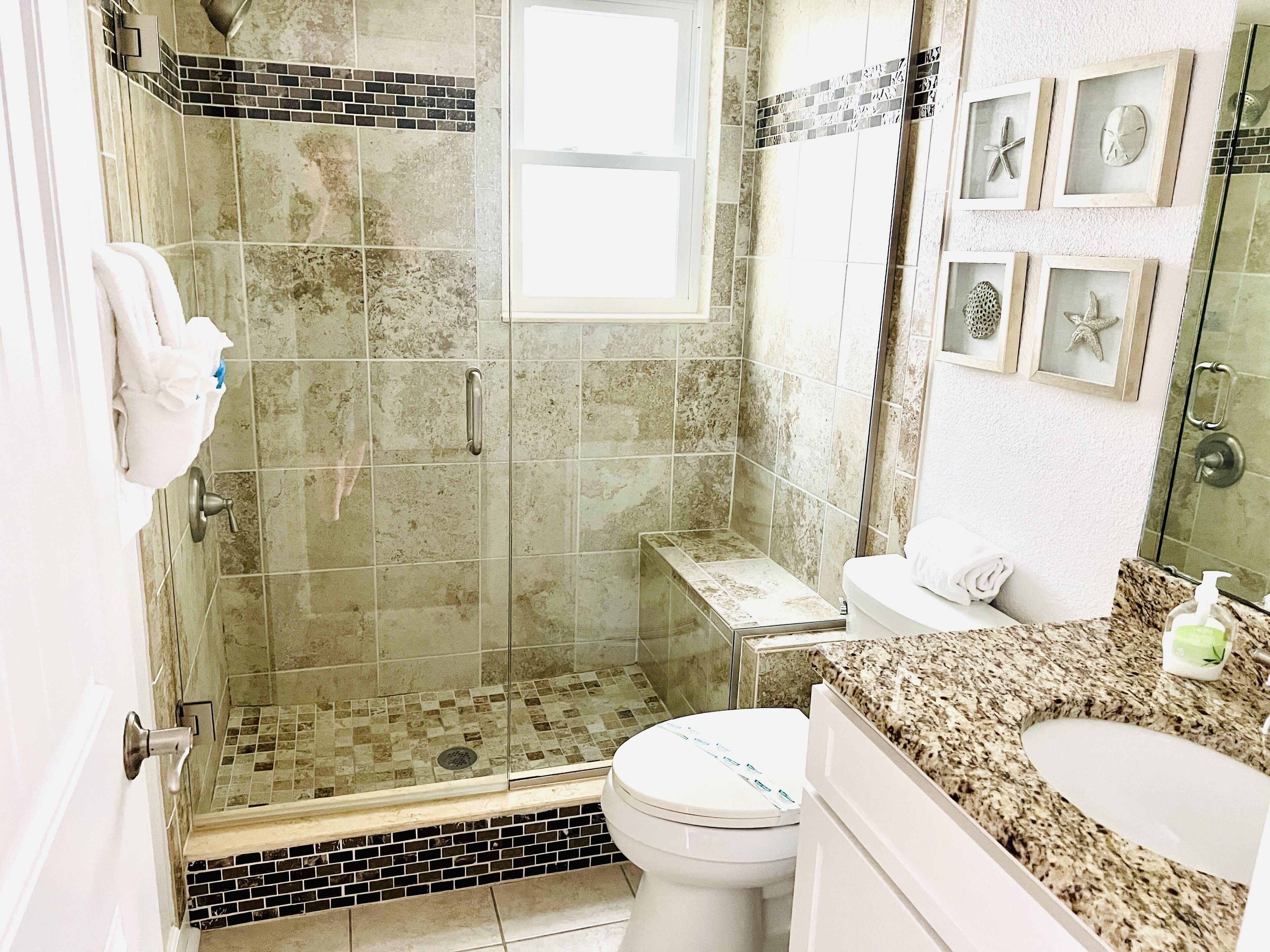 Shower, towels, toilet paper